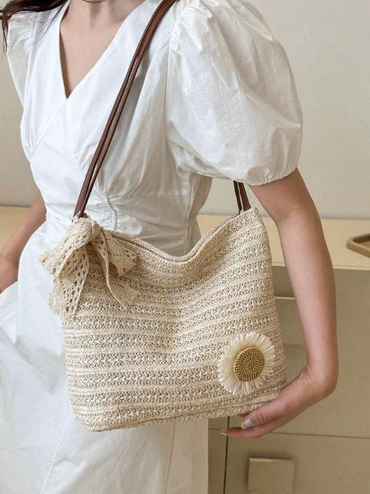 Noor™ Sunflower Woven Beach Tote Bag – Premium Korean Style Summer Shoulder Handbag for Women