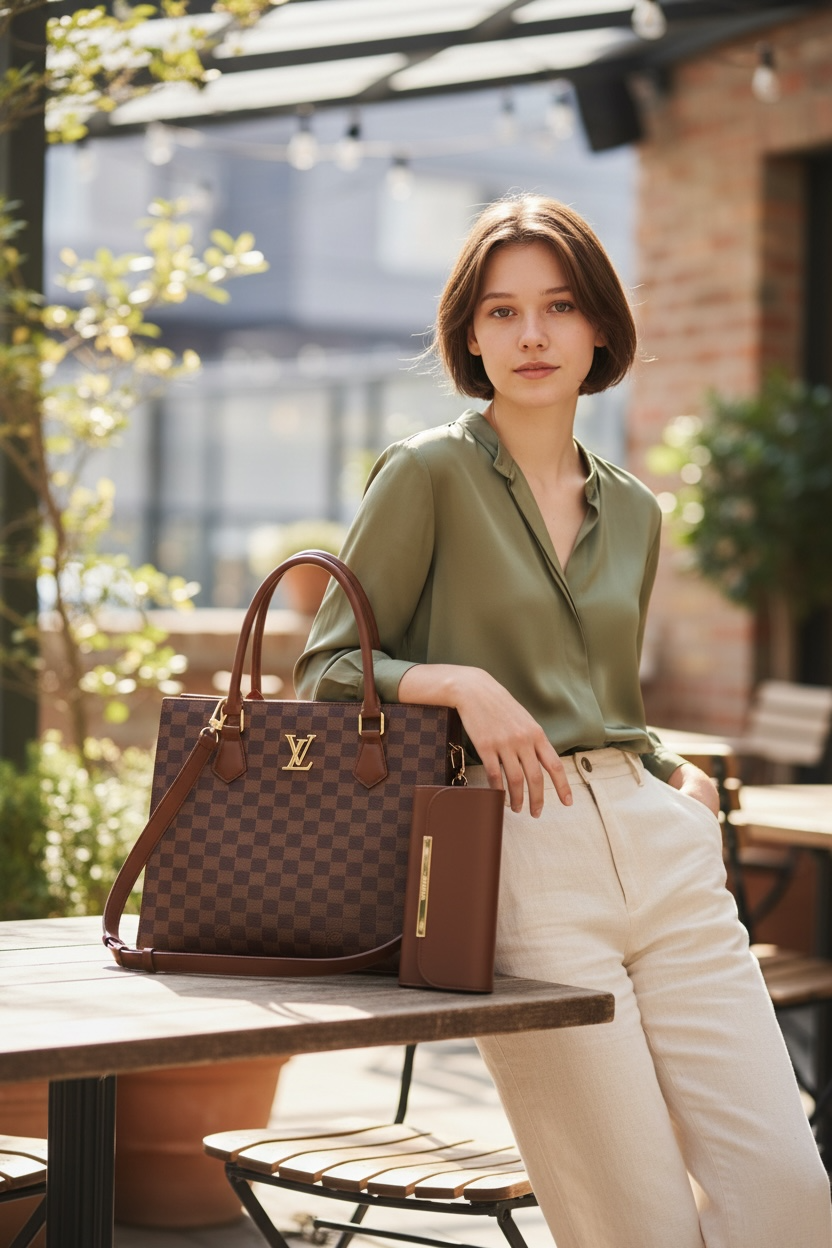 Louis Vuitton (LV) Damier Brown Tote Bag with Matching Wallet Set for Women