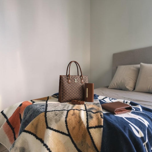 Louis Vuitton (LV) Damier Brown Tote Bag with Matching Wallet Set for Women