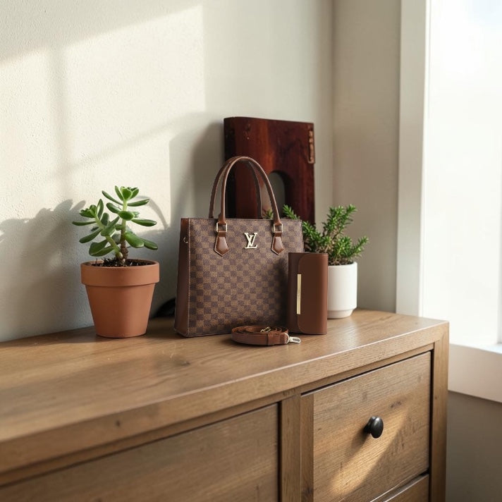 Louis Vuitton (LV) Damier Brown Tote Bag with Matching Wallet Set for Women