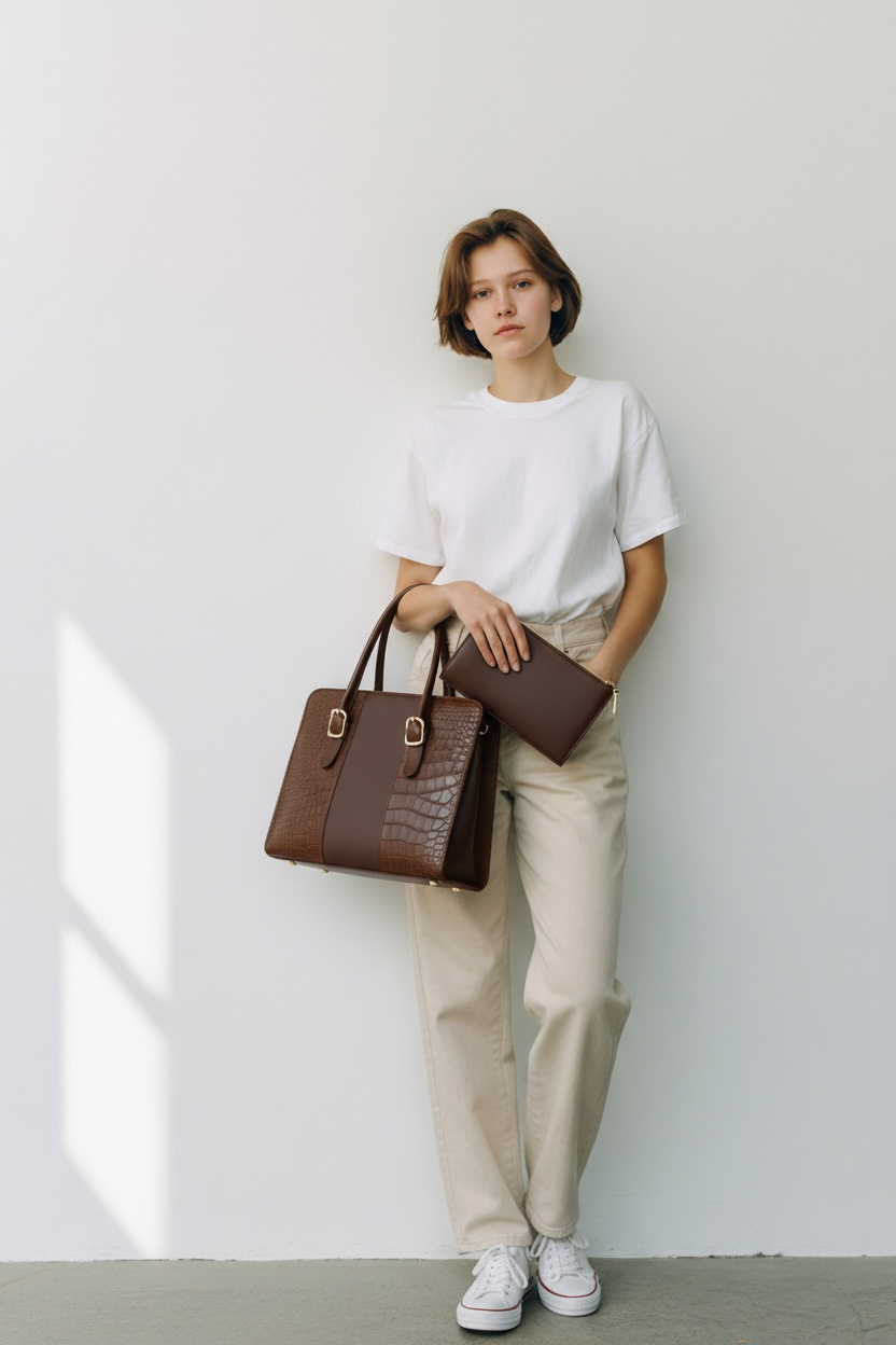 Noor Royal Brown Croc Tote Bag with Matching Wallet