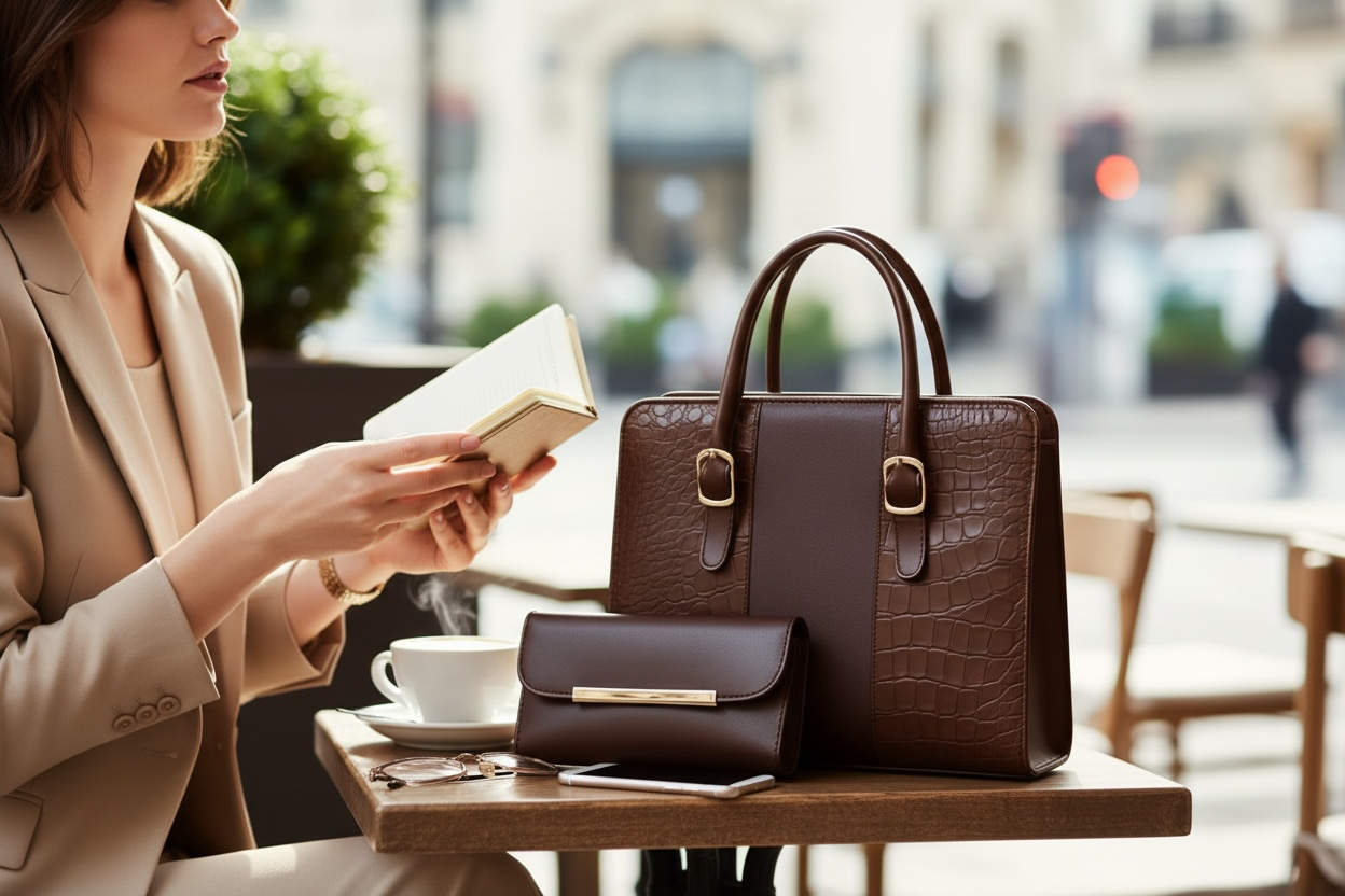 Noor Royal Brown Croc Tote Bag with Matching Wallet