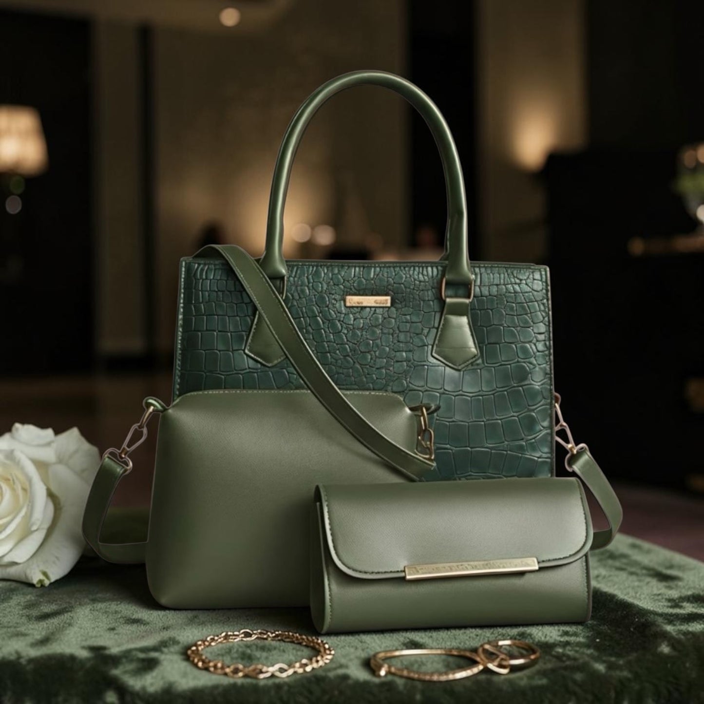 Noor Royal Green Luxury Handbag Set – 3 Piece Collection