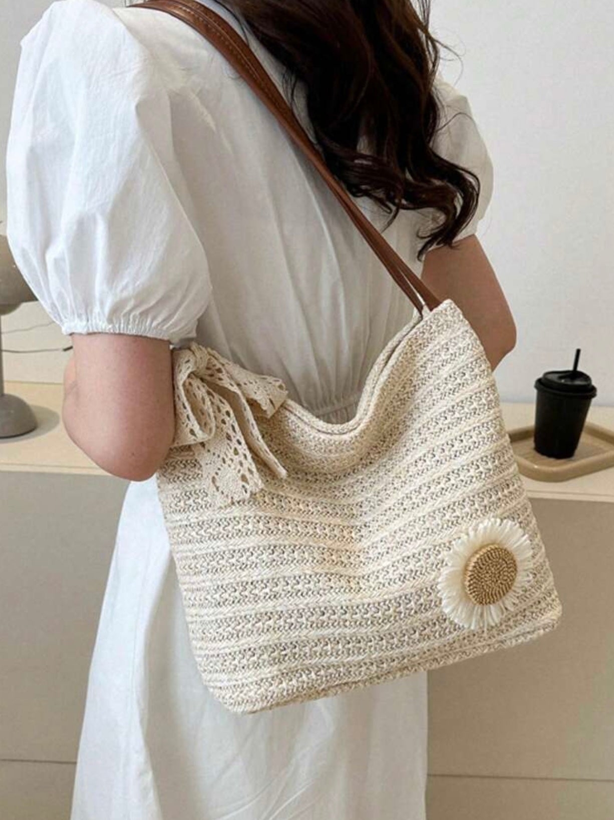 Noor™ Sunflower Woven Beach Tote Bag – Premium Korean Style Summer Shoulder Handbag for Women