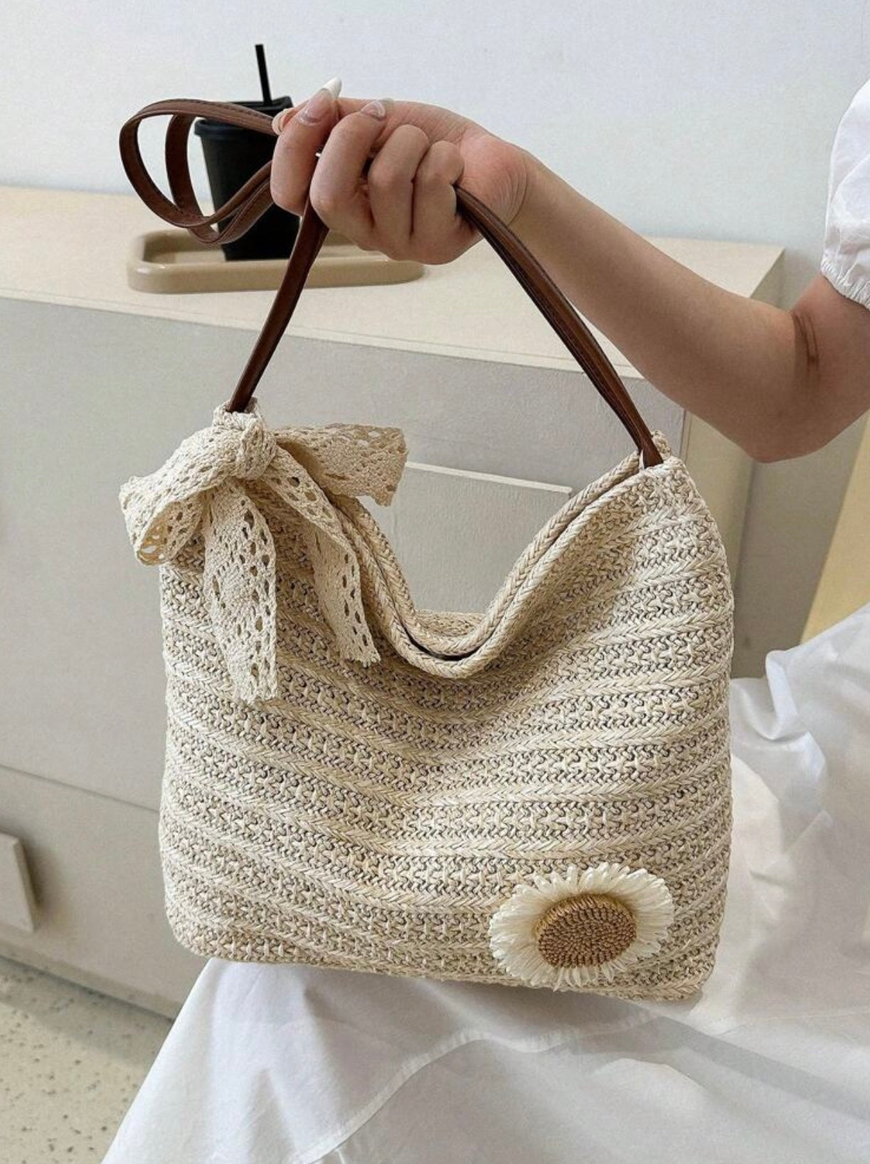 Noor™ Sunflower Woven Beach Tote Bag – Premium Korean Style Summer Shoulder Handbag for Women