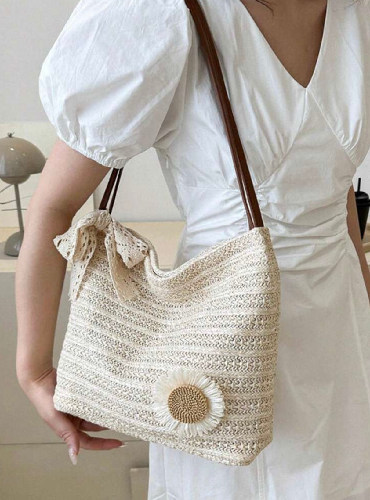 Noor™ Sunflower Woven Beach Tote Bag – Premium Korean Style Summer Shoulder Handbag for Women