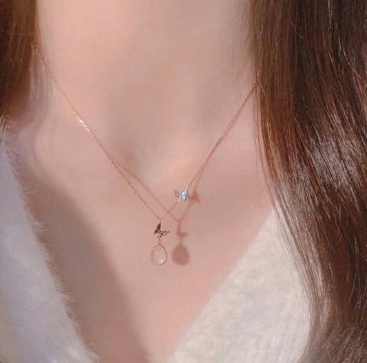 Pink Crystal Water Drop Butterfly Pendant Necklace