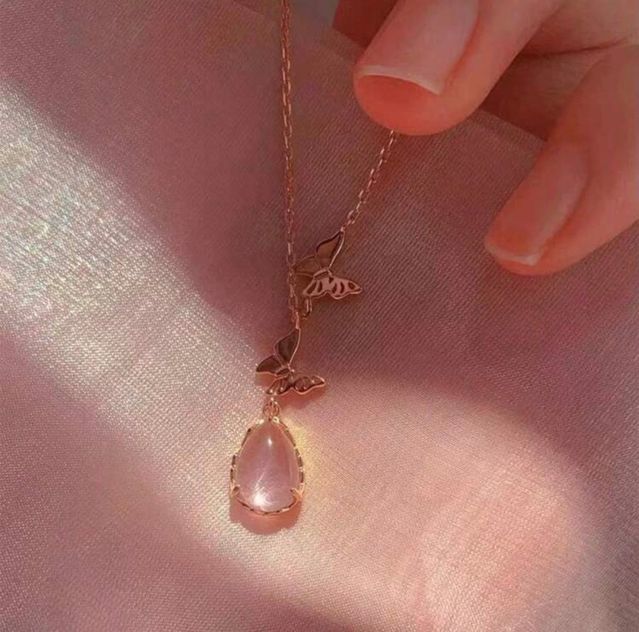 Pink Crystal Water Drop Butterfly Pendant Necklace