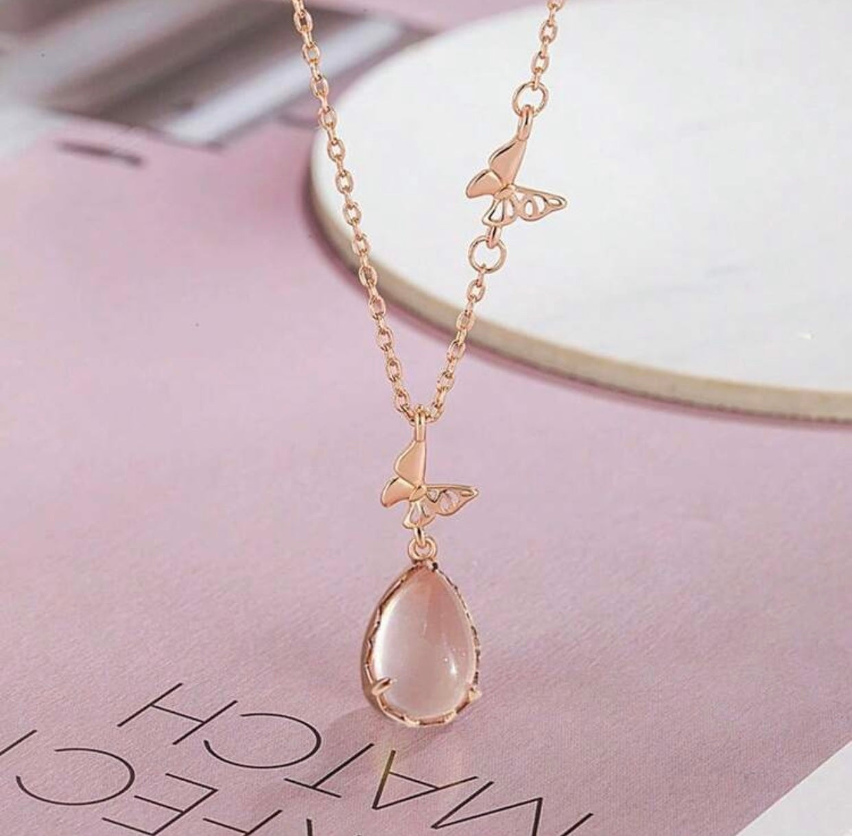 Pink Crystal Water Drop Butterfly Pendant Necklace